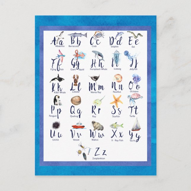 Postal Sea Life Ocean Animals Alphabet Watercolor (Anverso)