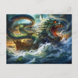 Postal Sea Serpent Attacking Ship in Storm Fantasy Painti