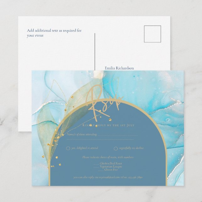 Postal Seaglass INK Verde azulada Aqua Blue Gold Wedding  (Anverso / Reverso)