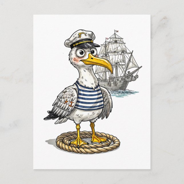 Postal Seagull Sailor with Rope and Ship Background (Anverso)