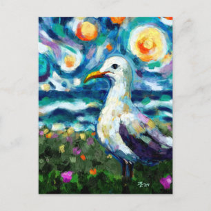 Postal Seagull Van Gogh Style Beach Sky Blue Verde azulad