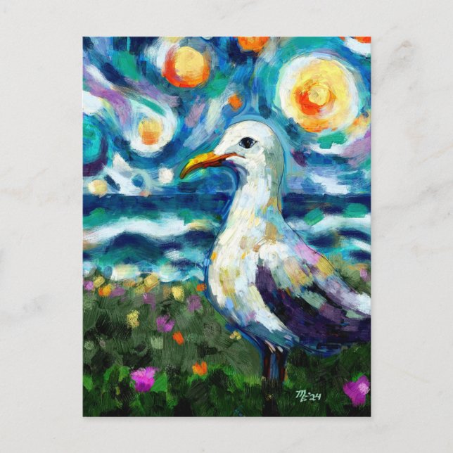 Postal Seagull Van Gogh Style Beach Sky Blue Verde azulad (Anverso)