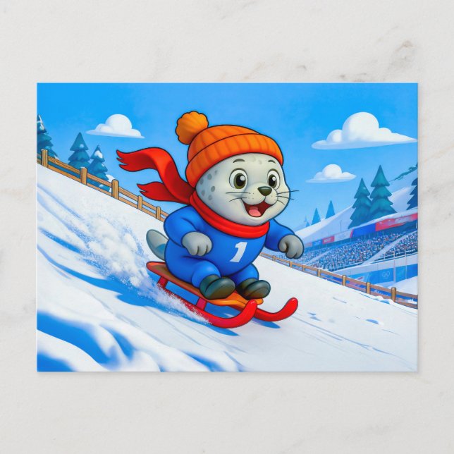 Postal Seal Sledding Down a Snowy Mountain Hill (Anverso)