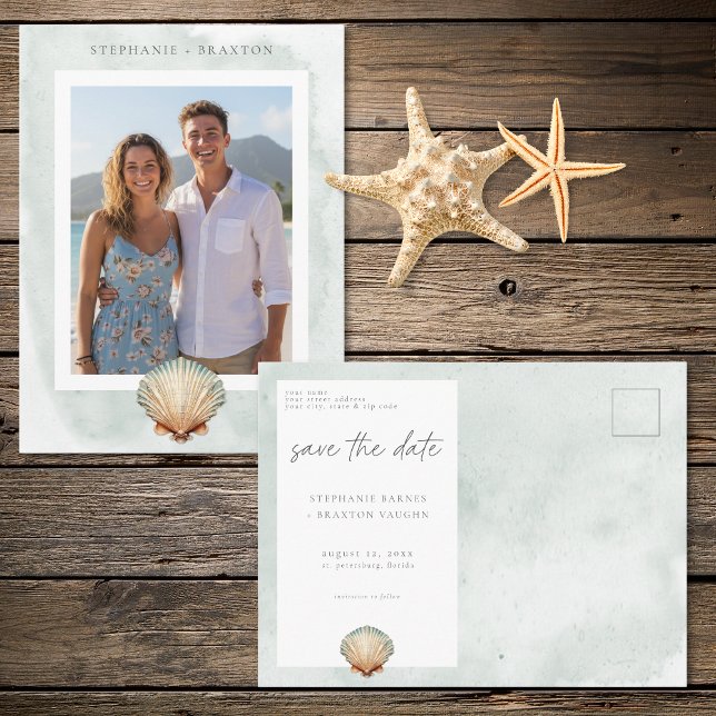 Postal Seashell Watercolor Minimal Beach Photo Save Date (Seashell Watercolor Minimal Beach Photo Save Date Postcard)
