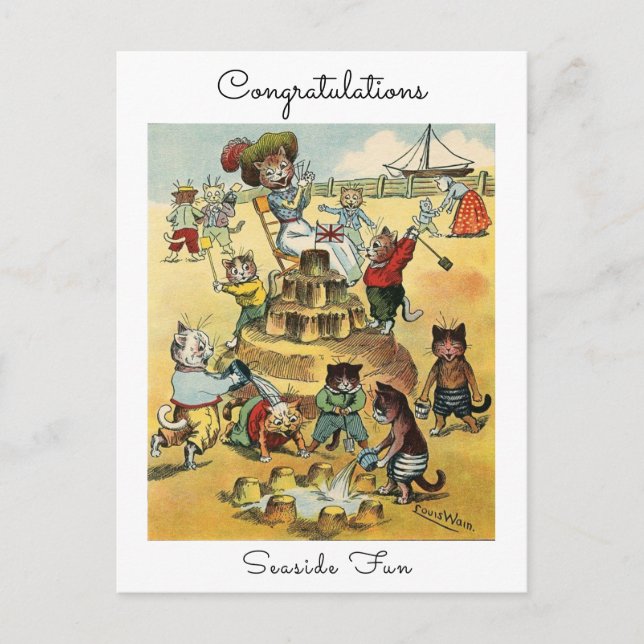 Postal Seaside Fun Victorian Cat Mischief Congratulations (Anverso)
