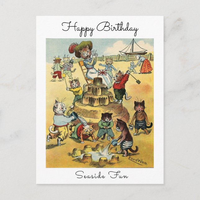 Postal Seaside Fun Victorian Cat Mischief Happy Birthday (Anverso)