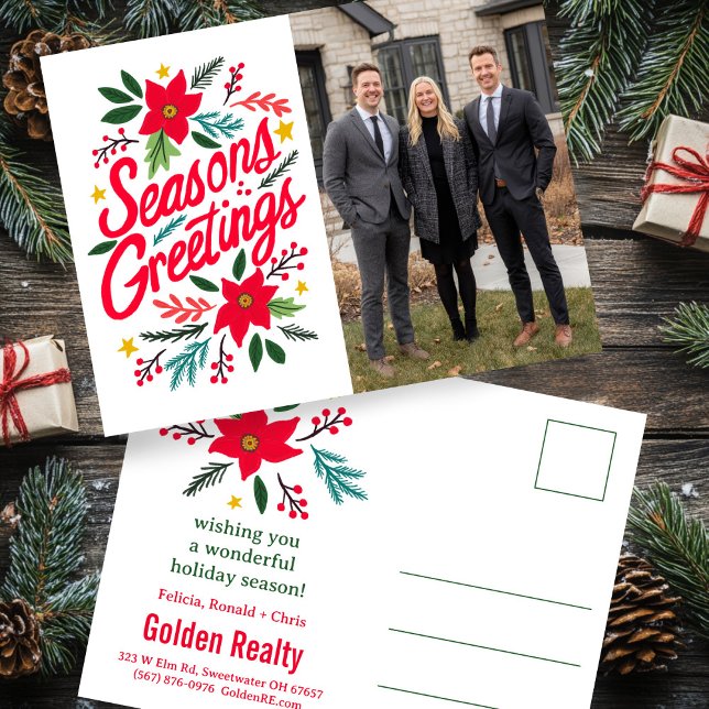 Postal SEASONS GREETINGS Business Christmas CUSTOM PHOTO (SEASONS GREETINGS Business Christmas Hand-drawn Floral CUSTOM PHOTO Postcard
)