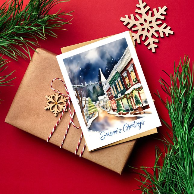 Postal Seasons greetings Navidades calle California (Season's greetings Christmas snowy winter Nevada City California watercolor postcard)