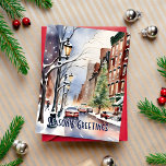 Postal Seasons greetings Navidades calle de invierno Nuev<br><div class="desc">Seasons greetings Navidades invierno nevado Saludos callejeros de Nueva York Navidades postal de año nuevo,  snowwinter wonderland en Nueva York acuarela moderna</div>