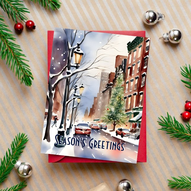Postal Seasons greetings Navidades calle de invierno Nuev (Seasons greetings New York snowy winter street modern watercolor postcard Christmas postcard)