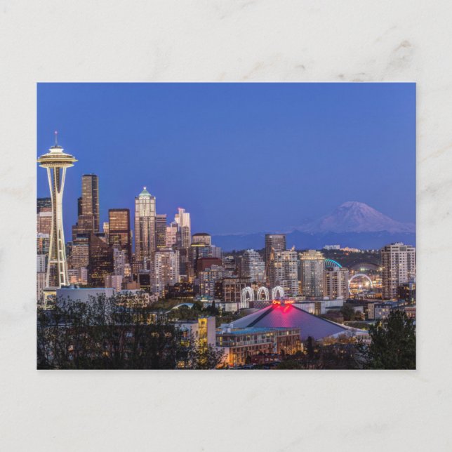 Postal Seattle, centro y Mt. Rainier al anochecer (Anverso)