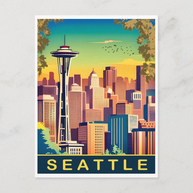 Postal Seattle, City Skyline, Estado de Washington, Viaje (Anverso)