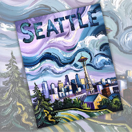 Postal Seattle Skyline Van Gogh Style Vintage Travel Art