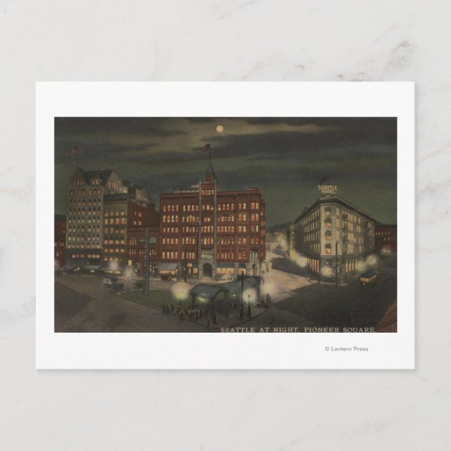 Postal Seattle, WAPioneer Square de noche (Anverso)