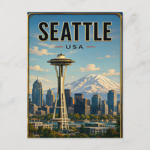 Postal Seattle Washington Ciudad Esmeralda Escena Montaño