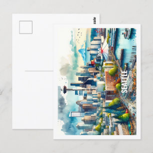 Postal Seattle Washington EE.UU. Famosa acuarela Place