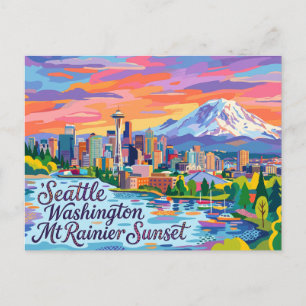 Postal Seattle Washington Mt Rainier Atardecer