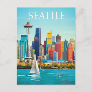 Postal Seattle Waterfront y Space Needle Retro Art