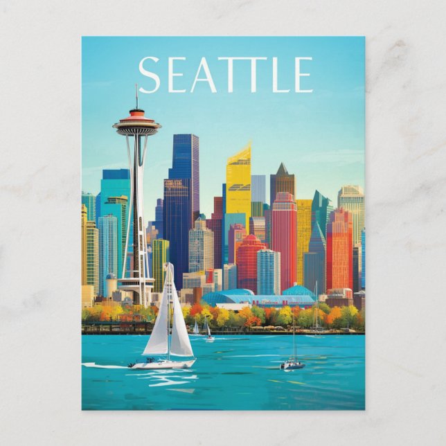 Postal Seattle Waterfront y Space Needle Retro Art (Anverso)