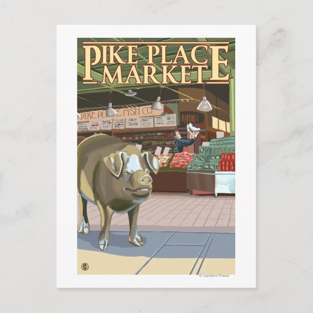Postal SeattleFish Toss y Cerdo de bronce en Pike Place (Anverso)