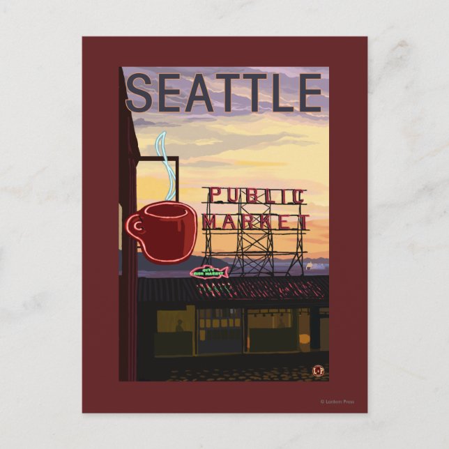 Postal SeattlePike Place Mercado Rótulo y vistas al agua (Anverso)