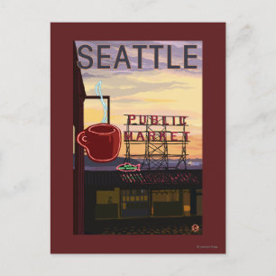 Postal SeattlePike Place Mercado Rótulo y vistas al agua