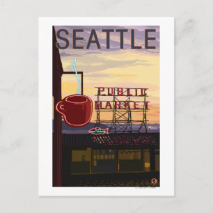 Postal SeattlePike Place Mercado Rótulo y vistas al agua