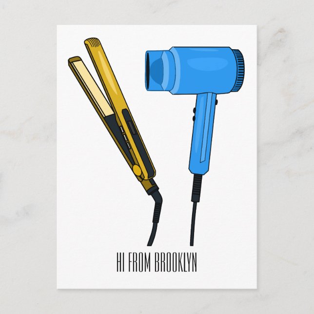 Postal Secador de pelo y ilustracion de alisador de pelo (Anverso)