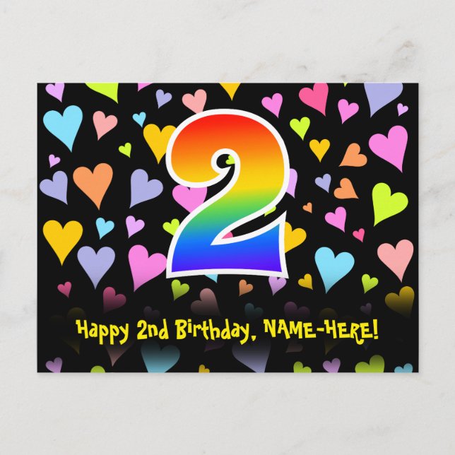 Postal Segundo cumpleaños: Patrón de corazones divertidos (Anverso)
