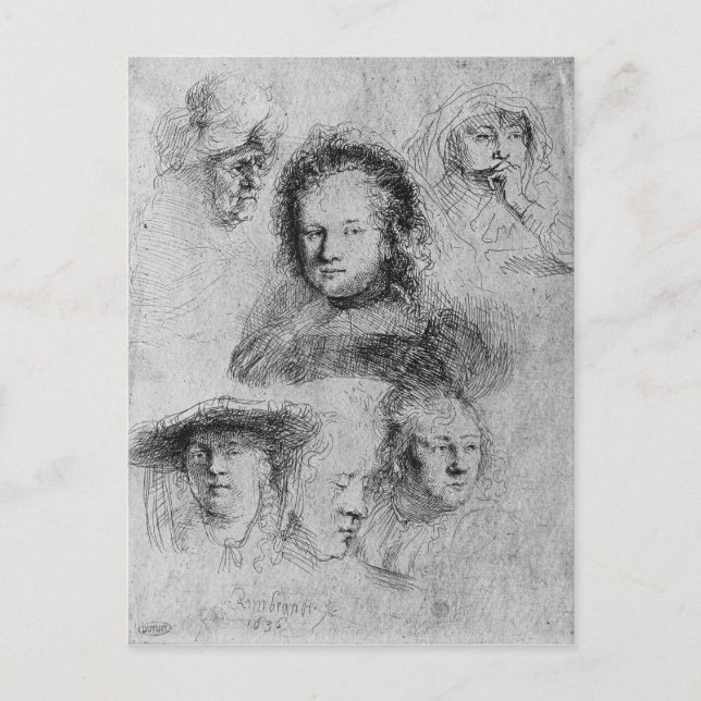 Postal Seis cabezas con Saskia van Uylenburgh (Anverso)