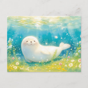 Postal Sello Blanco Sonriente en Océano Luminoso