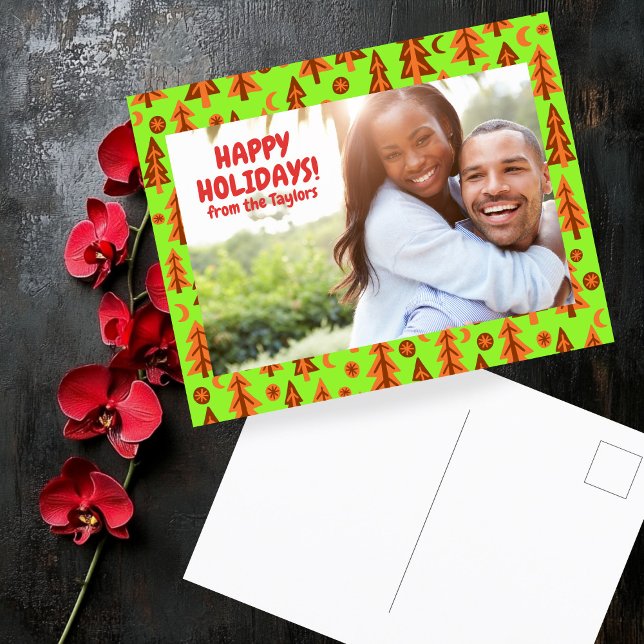 Postal Selva Pine Trees Estrellas de la Luna PERSONALIZAD (Forest Pine Trees Moon Stars CUSTOM PHOTO Holiday Christmas Postcard
)