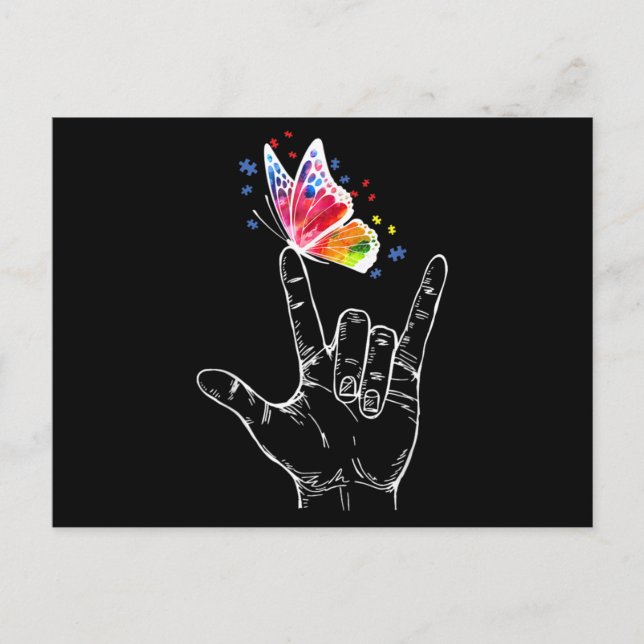 Postal Señal de Lenguaje de Manos 'Te Amo' Mariposa Autis (Anverso)