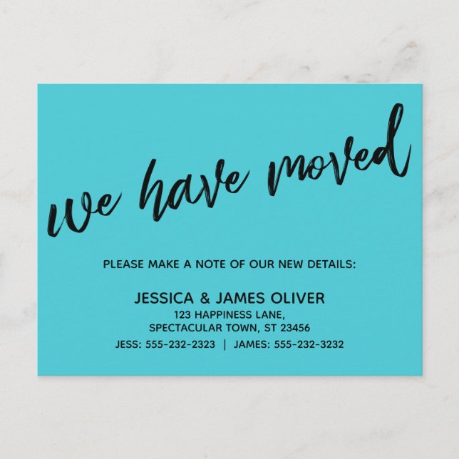 Postal Sencilla hemos movido la escritura casera turquesa (Anverso)