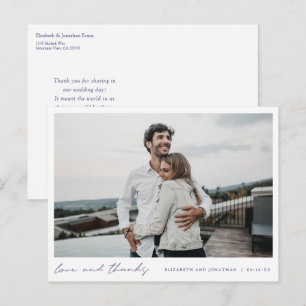 Postal Sencillo Agradecimiento de Foto de Boda Azul Elega