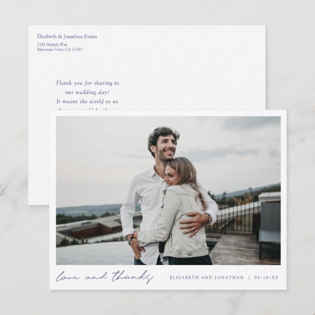Postal Sencillo Agradecimiento de Foto de Boda Azul Elega (Anverso / Reverso)