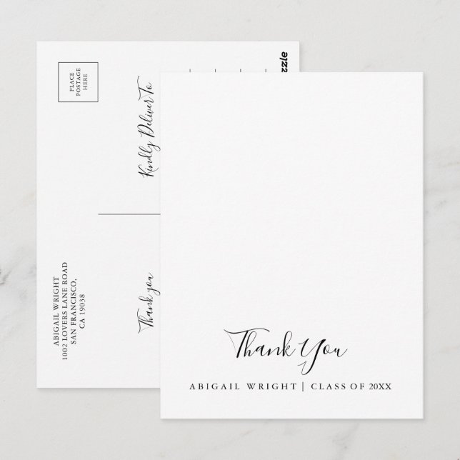 Postal Sencillo Agradecimiento de Graduación Minimalista (Anverso / Reverso)
