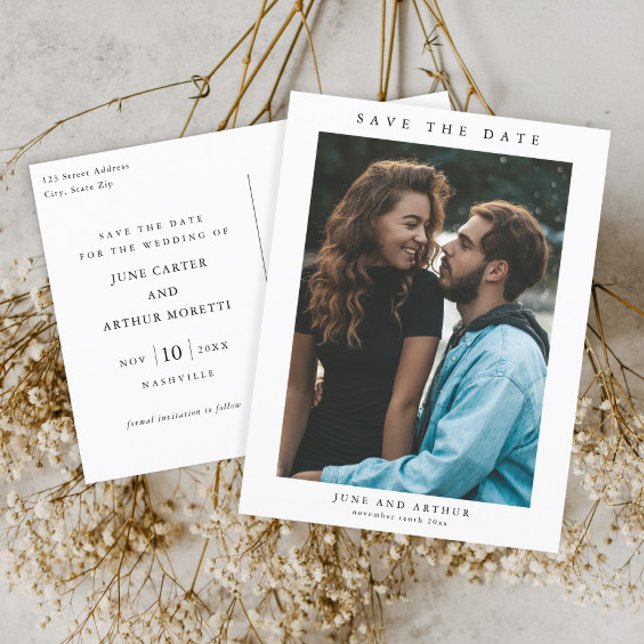 Postal Sencillo Ahorro de Fecha de Boda con Foto (Simple typographic photo wedding save the date postcard.)