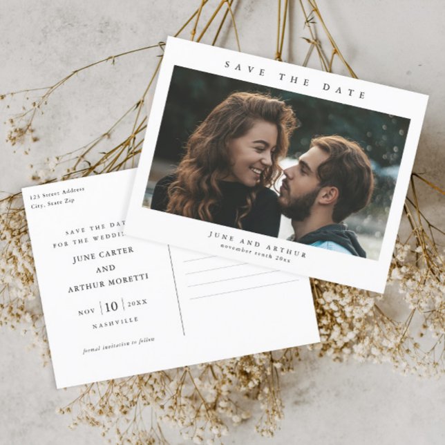 Postal Sencillo Ahorro de Fecha de Boda con Foto (Simple typographic photo wedding save the date postcard.)