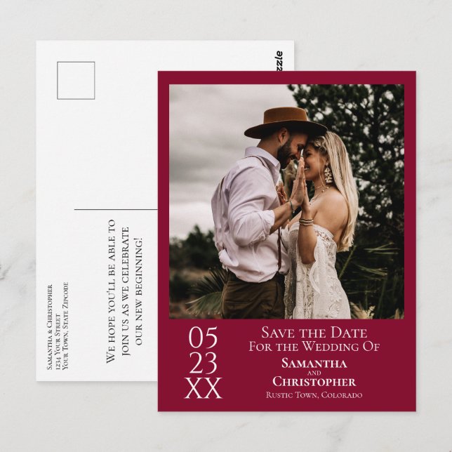 Postal Sencillo Ahorro de Fecha de Boda Rojo Arándano Fot (Anverso / Reverso)