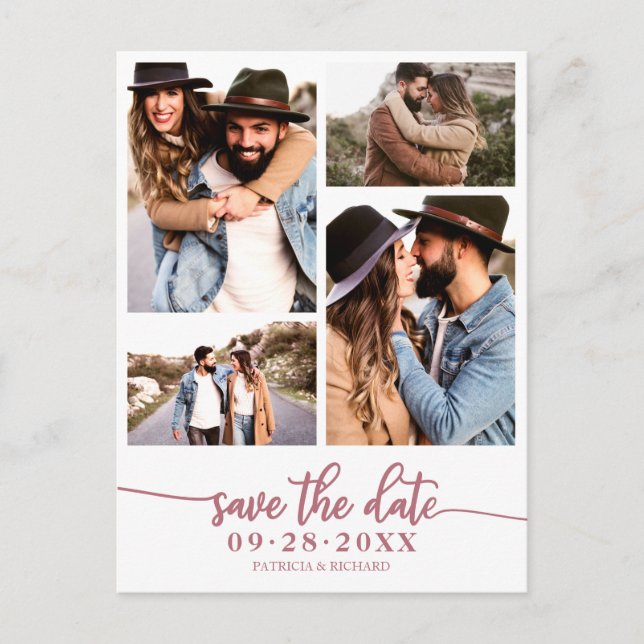 Postal Sencillo collage de 4 fotos para boda Save The Dat (Anverso)