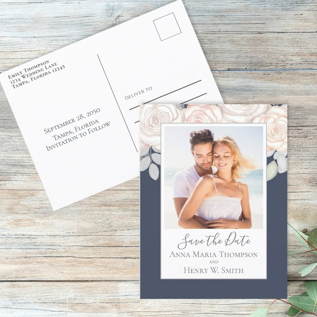 Postal Sencillo elegante Rubor Floral Dark Blue Rose Bouq (Subido por el creador)