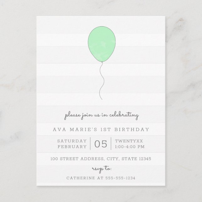 Postal Sencillo Shabby Gris Chic y Balón Verde Cumpleaños (Anverso)