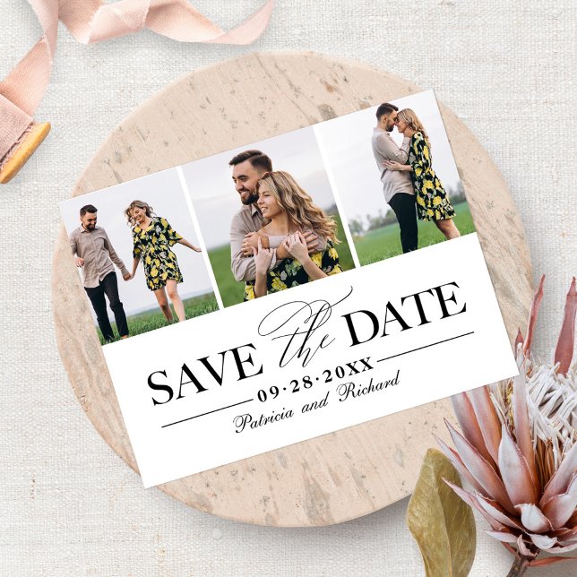 Postal Sencillo y elegante Save The Date de boda con 3 fo (Subido por el creador)