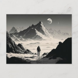 Postal Senderismo en solitario blanco y negro en las mont