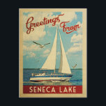 Postal Seneca Lake Postcard Vintage<br><div class="desc">Este diseño náutico vintage de Greetings From Seneca Lake New York incluye un barco que navega en el agua con gaviotas y un cielo azul lleno de hermosas nubes blancas.</div>