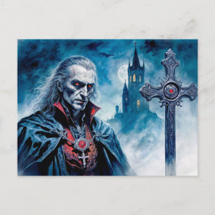 Postal Señor vampiro con cruz en noche a la luz de la lun