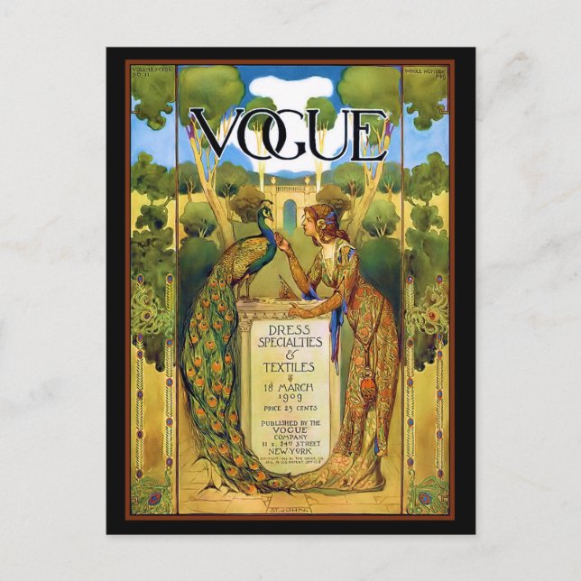 Postal Señora Art Deco con pavo real en el jardín (Anverso)