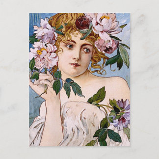 Postal Señora de Art Nouveau con flores