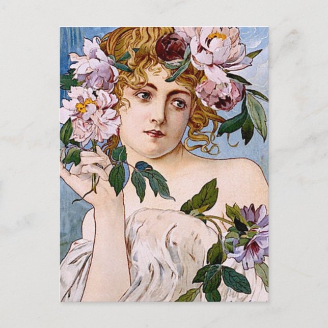 Postal Señora de Art Nouveau con flores (Anverso)